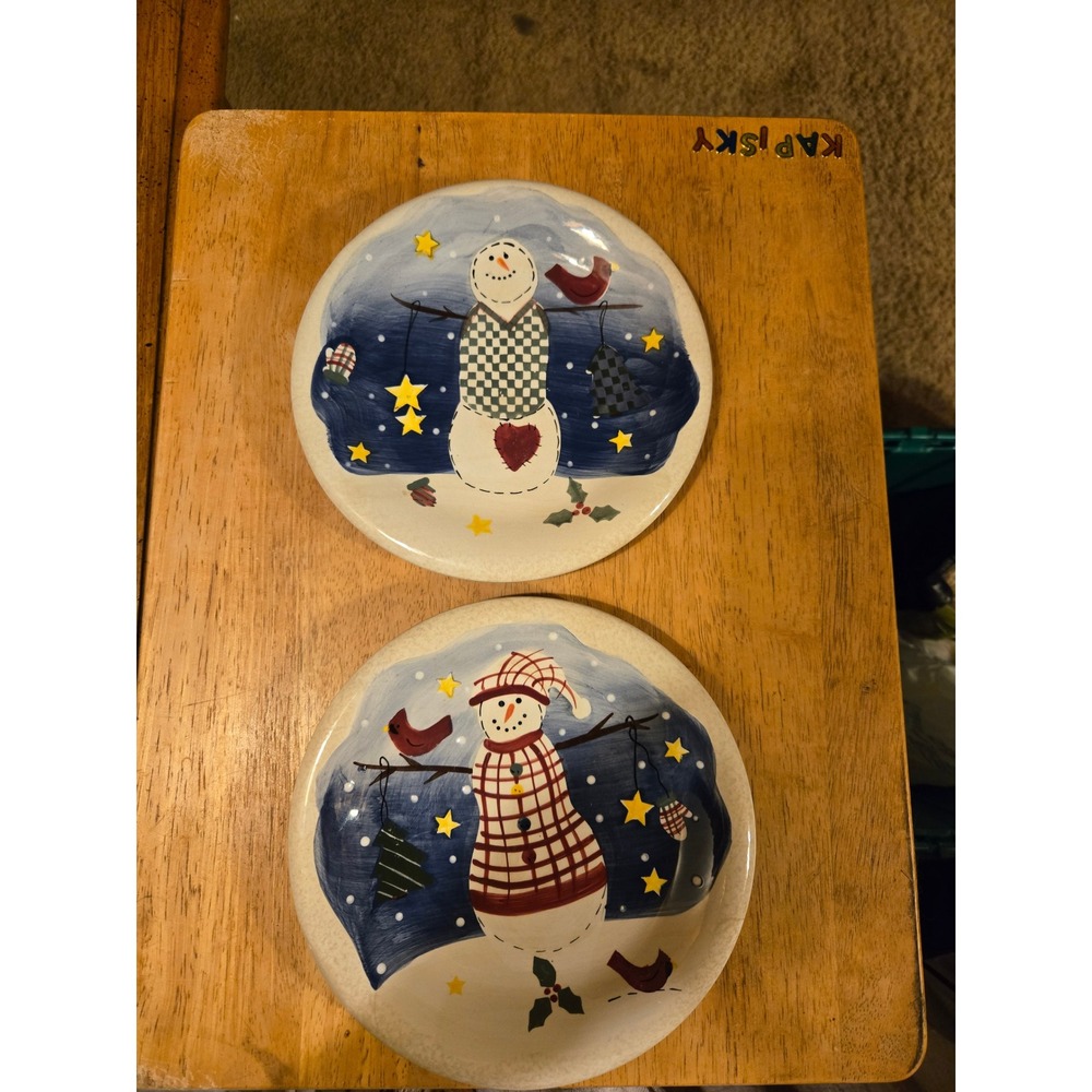 Make the Season Bright Snowman Christmas Dessert Plates Set of 2 Blue‎ White 8in